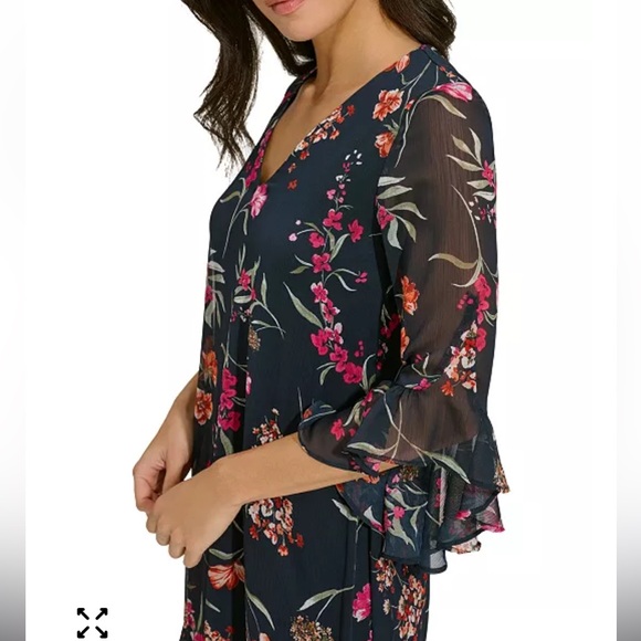 Calvin Klein Dress Size 12 Chiffon Bell Sleeve Black Floral MSRP $119 NWT - Picture 4 of 11